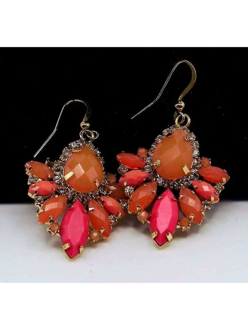 J.Crew Statement Drop Earrings Pink Orange Crystal Cluster